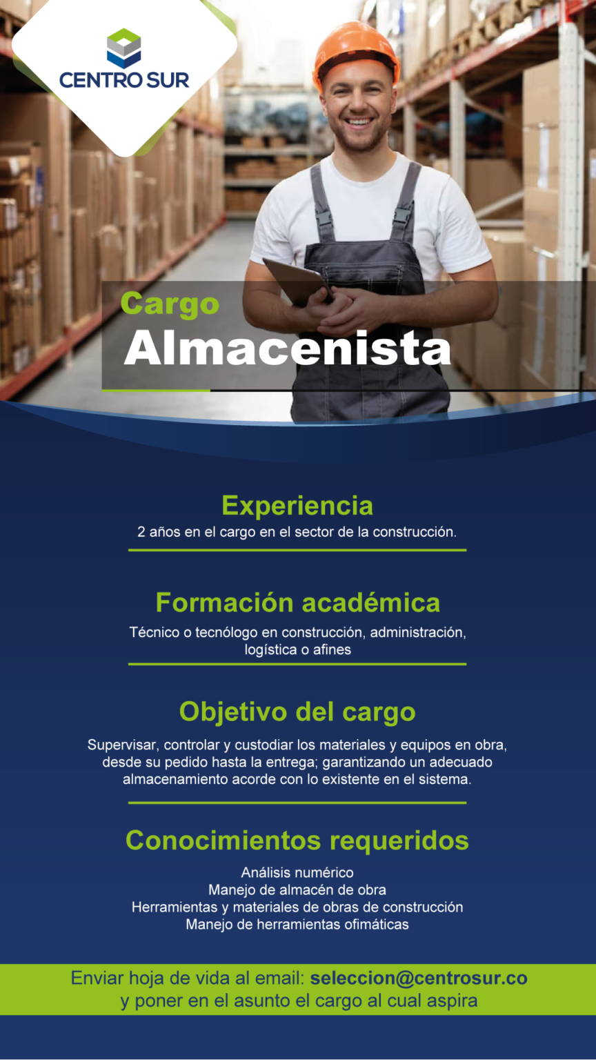 vacante almacenista constructora Centro Sur